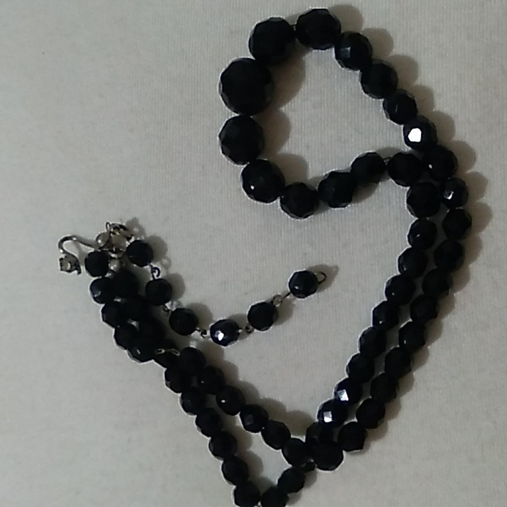 Antique black glass bead necklace with diamond clasp